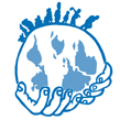 Logo People's Health Movement: Zwei Hände halten eine Erde in der Hand, auf der oben Menschen und Fabriken zu sehen sind