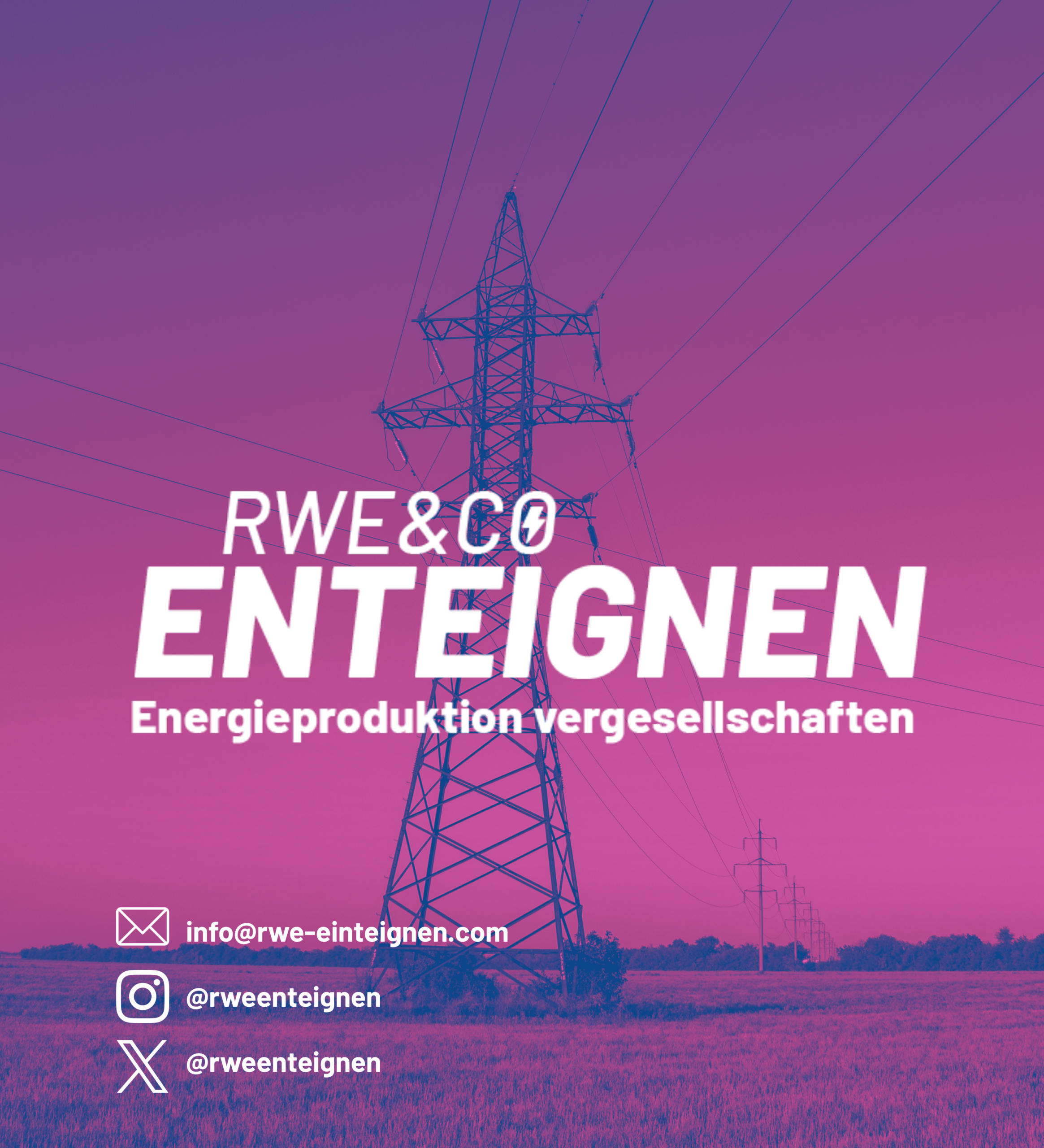 Logo RWE und Co. enteignen:
Strommast und Stromleitung vor lila Hintergrund