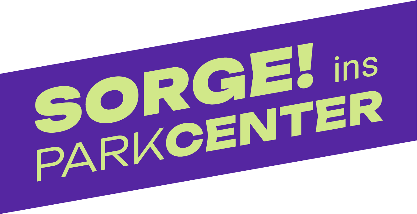 Logo Sorge ins Parkcenter: gelber Schriftzug auf lila Banner